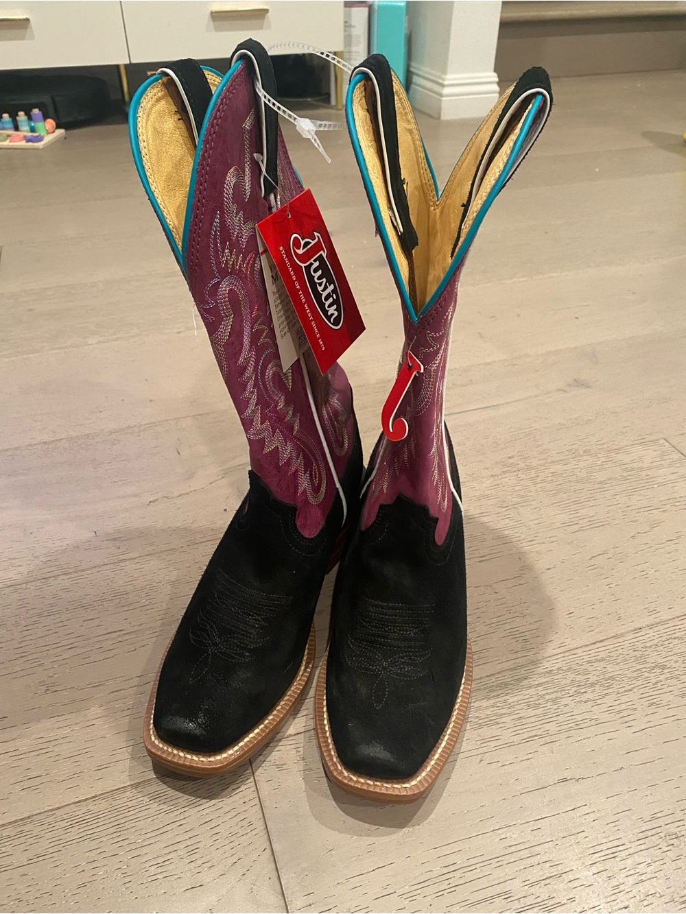 Justin Boots Black Foot with Purple Shaft Western Cowboy Boots